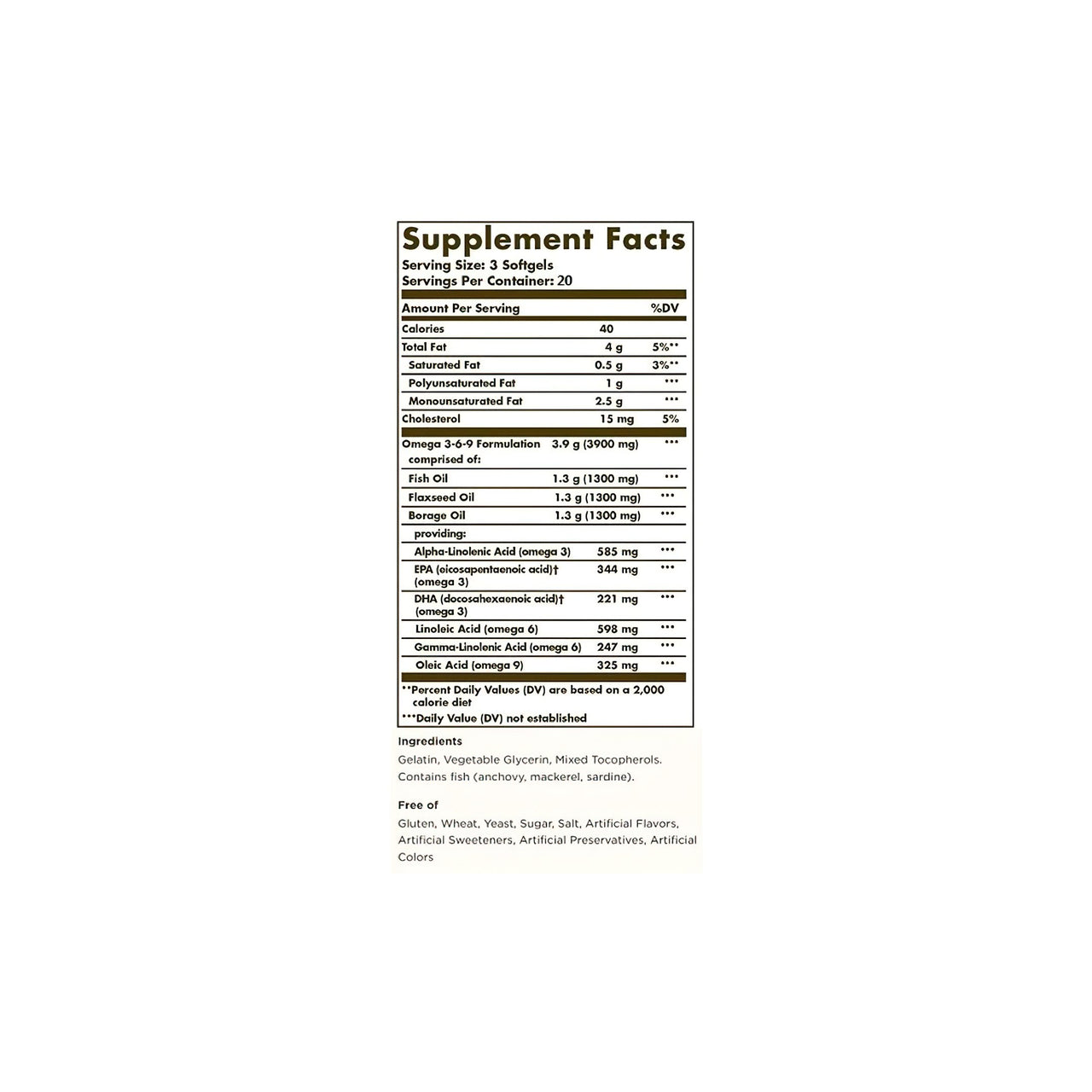 Étiquette de complément alimentaire Solgar présentant des acides gras essentiels et des oméga 3-6-9 en 60 gélules sur fond blanc.