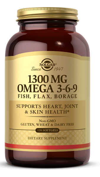 Une bouteille de Solgar Omega 3-6-9 1300 mg 120 softgels, riche en acides gras oméga-3.
