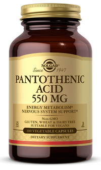 Vignette pour Solgar Pantothenic Acid 550 mg 100 Vegetable Capsules est un complément alimentaire qui fournit le nutriment essentiel qu'est l'acide pantothénique pour soutenir la santé et le bien-être en général.