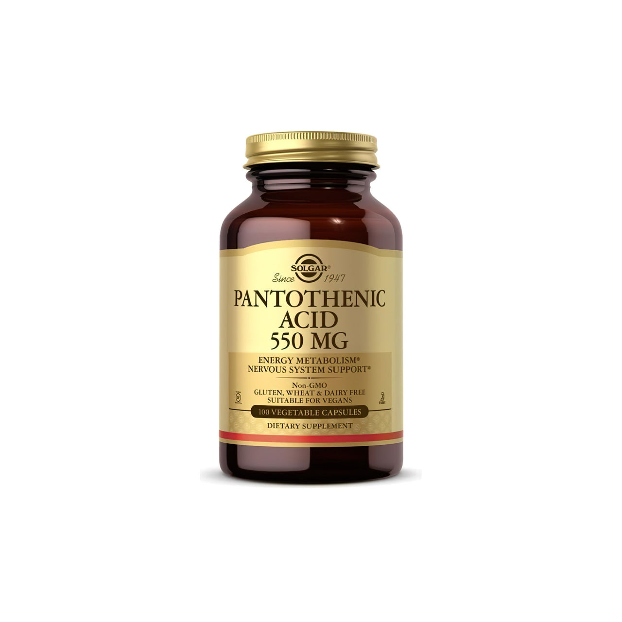 Solgar Acide pantothénique 550 mg gélules de complément alimentaire, contenant 200mg d'acide pantothénique.