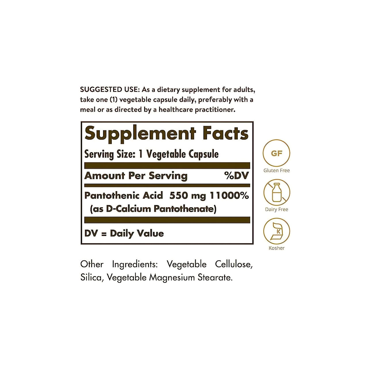 Étiquette Solgar indiquant les ingrédients d'un complément alimentaire, dont l'acide pantothénique 550 mg 100 gélules végétales.