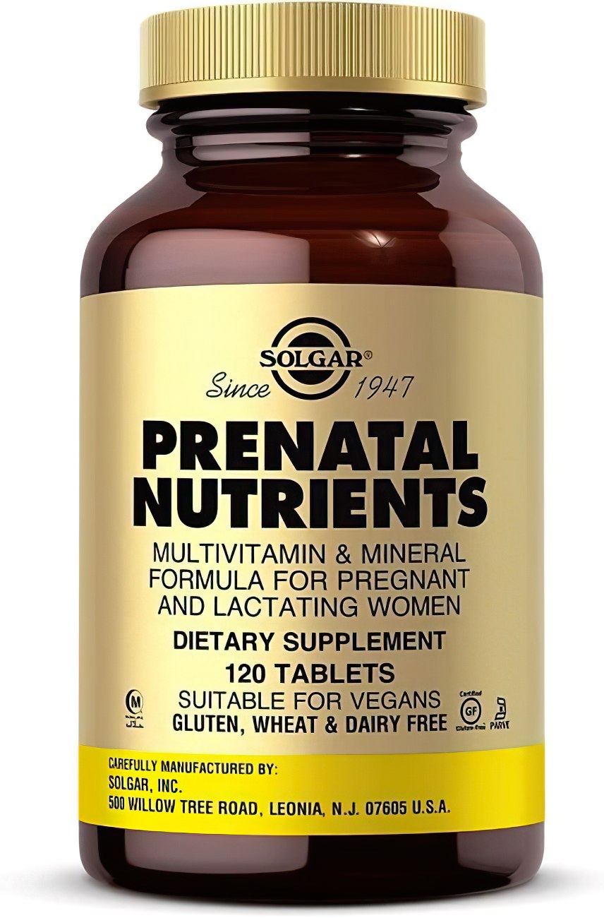 Un flacon de Solgar Prenatal Nutrients 120 comprimés.