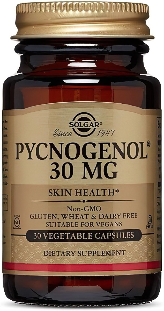 Une bouteille de Solgar Pycnogenol 30 mg 30 VCaps, conçu pour soutenir la santé du cerveau.