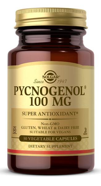 Une bouteille de Solgar Pycnogenol 100 mg 30 gélules végétales, favorisant la santé cérébrale.