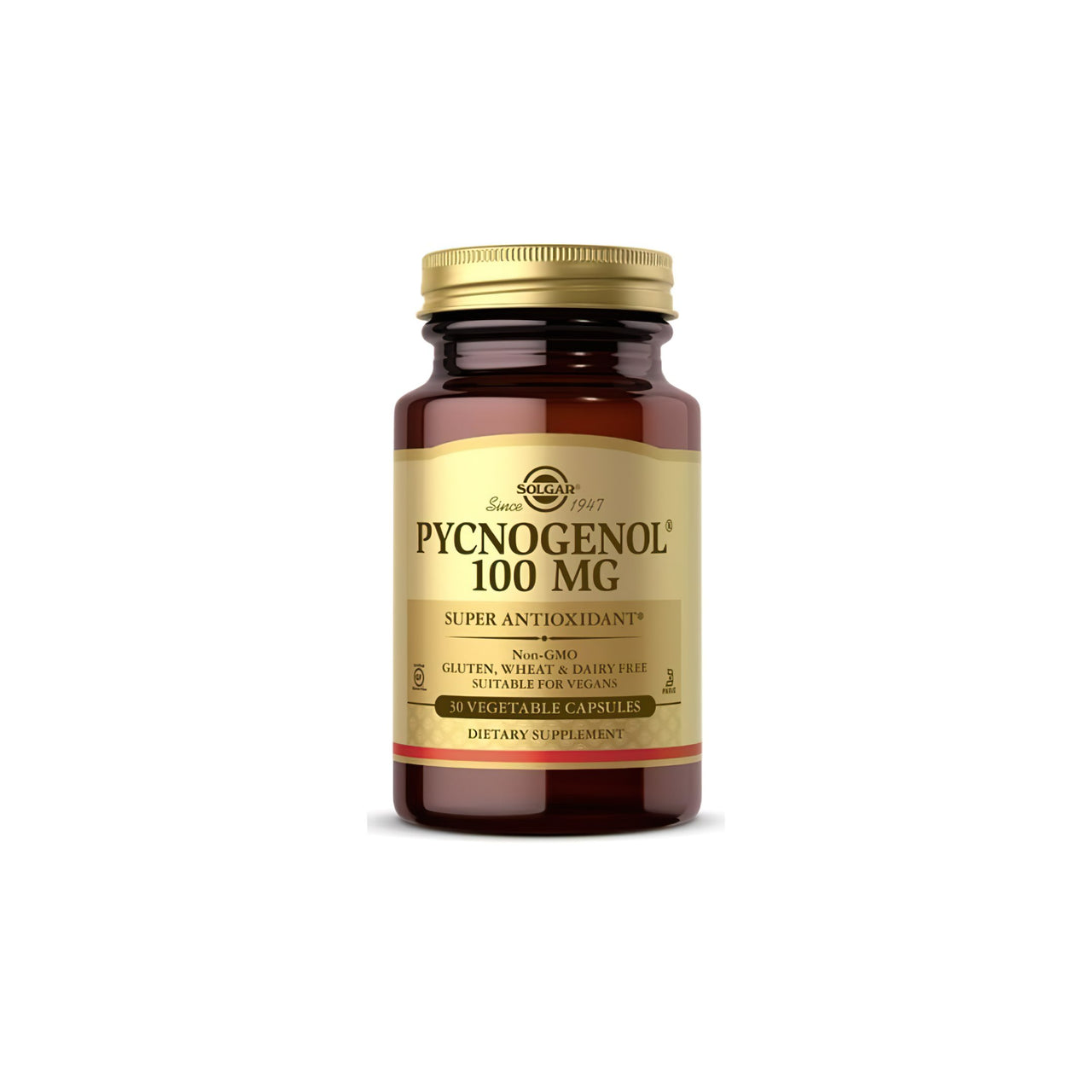 Une bouteille de Solgar Pycnogenol 100 mg 30 gélules végétales, favorisant la santé du système circulatoire et du cerveau.