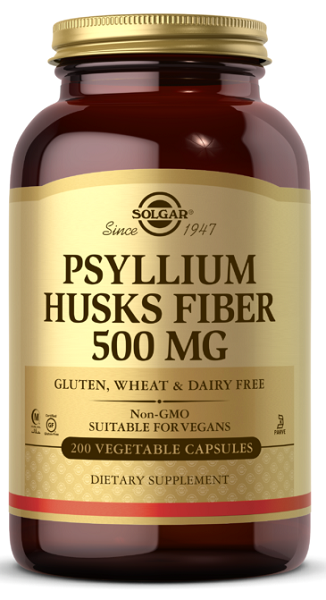 Un flacon de Fibre de Psyllium 500 mg 200 gélules végétales, favorisant la santé du système digestif et aidant à la perte de poids, par Solgar.