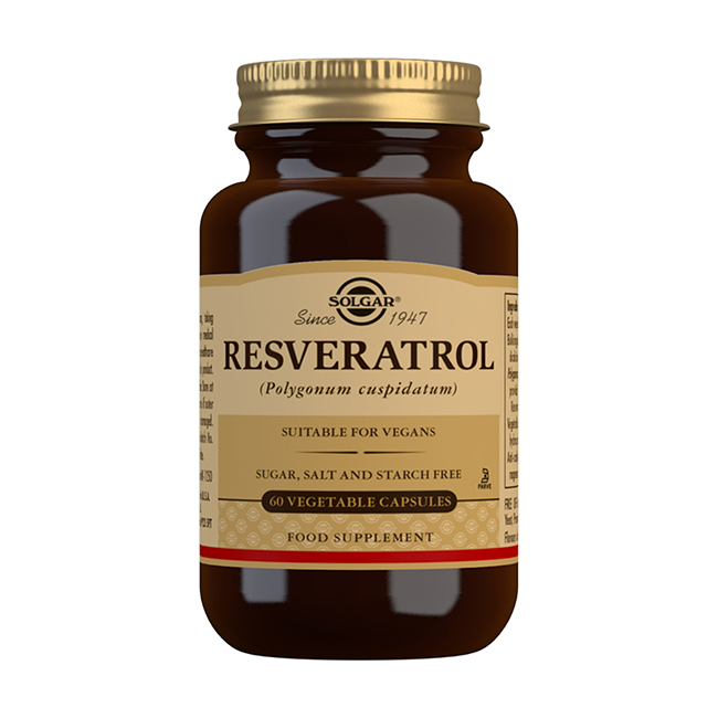 A bottle of Solgar Resveratrol 100 mg, containing 60 vegetable capsules, is labeled as vegan and free of sugar, salt, and starch. This antioxidant-rich supplement offers valuable cardiovascular support.