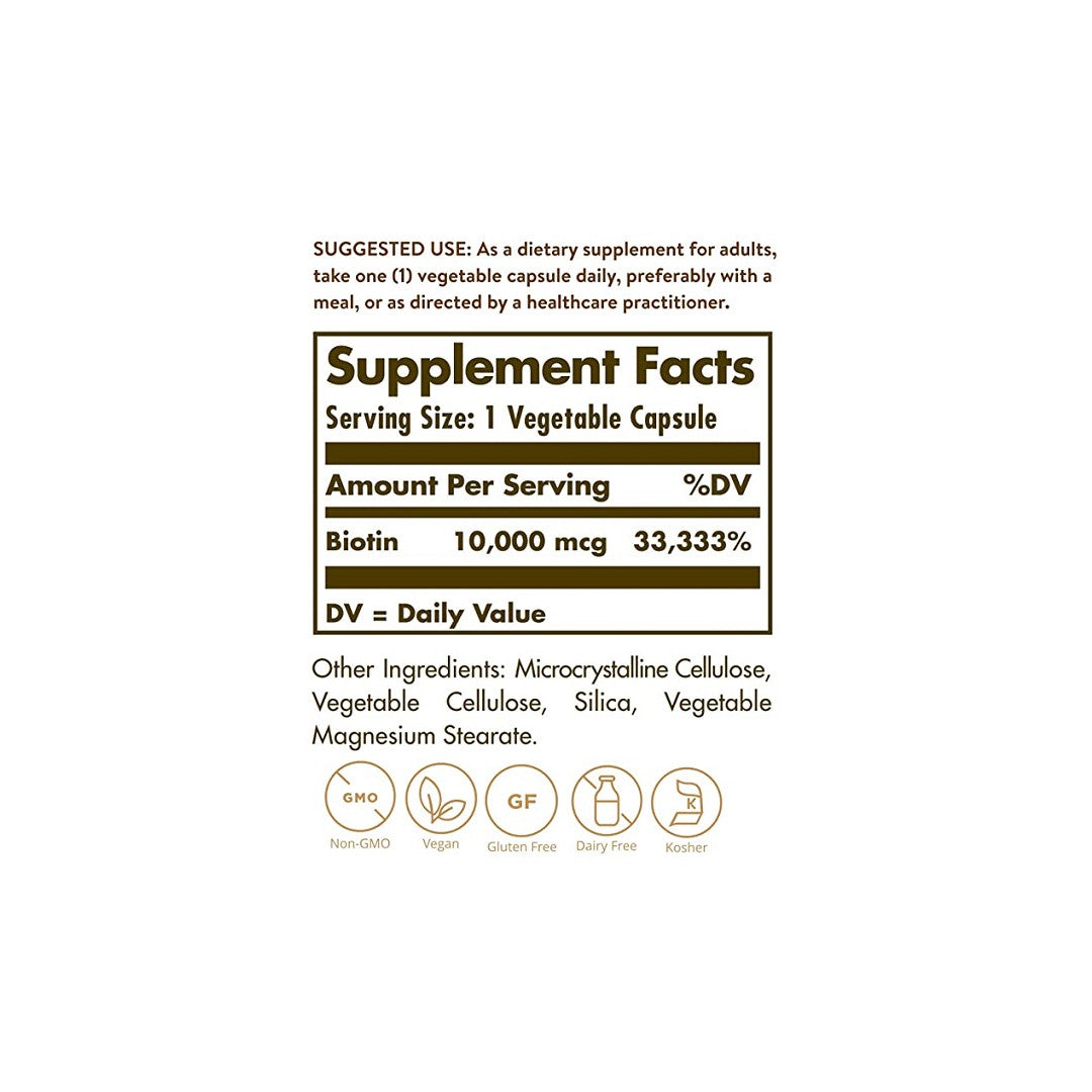 Étiquette présentant les ingrédients du complément alimentaire Solgar's Biotin 10000 mcg 60 Vegetable Capsules.