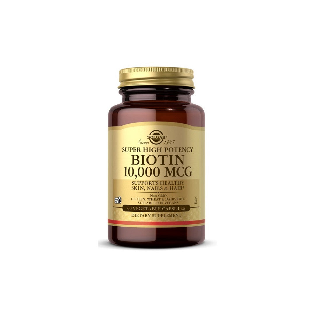 SolgarLe supplément diététique de la marque Biotin 10000 mcg 60 gélules végétales.