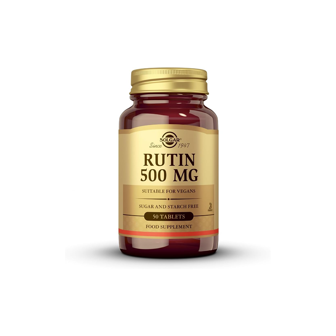 This bottle of Solgar's Rutin 500 mg contains 50 tablets that are vegan-friendly and feature a powerful flavonoid antioxidant. The labels prominently emphasize that it contains no sugar or starch.