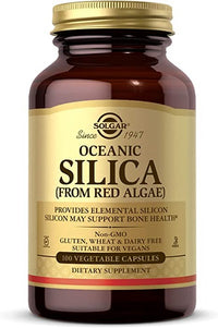 Vignette pour Une bouteille de Oceanic Silica 25 mg 100 gélules végétales de Solgar, favorisant la santé des cheveux, des ongles et du système osseux et articulaire.