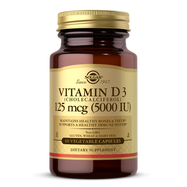 The Solgar Vitamin D3 (Cholecalciferol) supplement offers immune system support and bone health benefits. It contains 60 non-GMO, gluten-free, wheat-free, and dairy-free vegetable capsules, each providing 125 mcg (5000 IU) for optimal wellness.