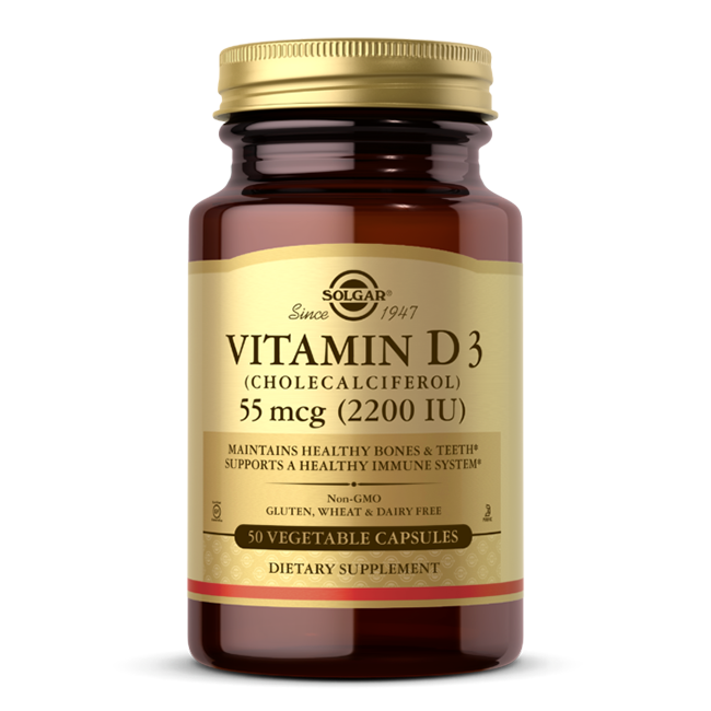 Solgar Vitamin D3 (Cholecalciferol) 2200 IU (55 mcg) dietary supplement in a brown bottle, designed to support bone health and strengthen the immune system. Includes 50 vegetable capsules.