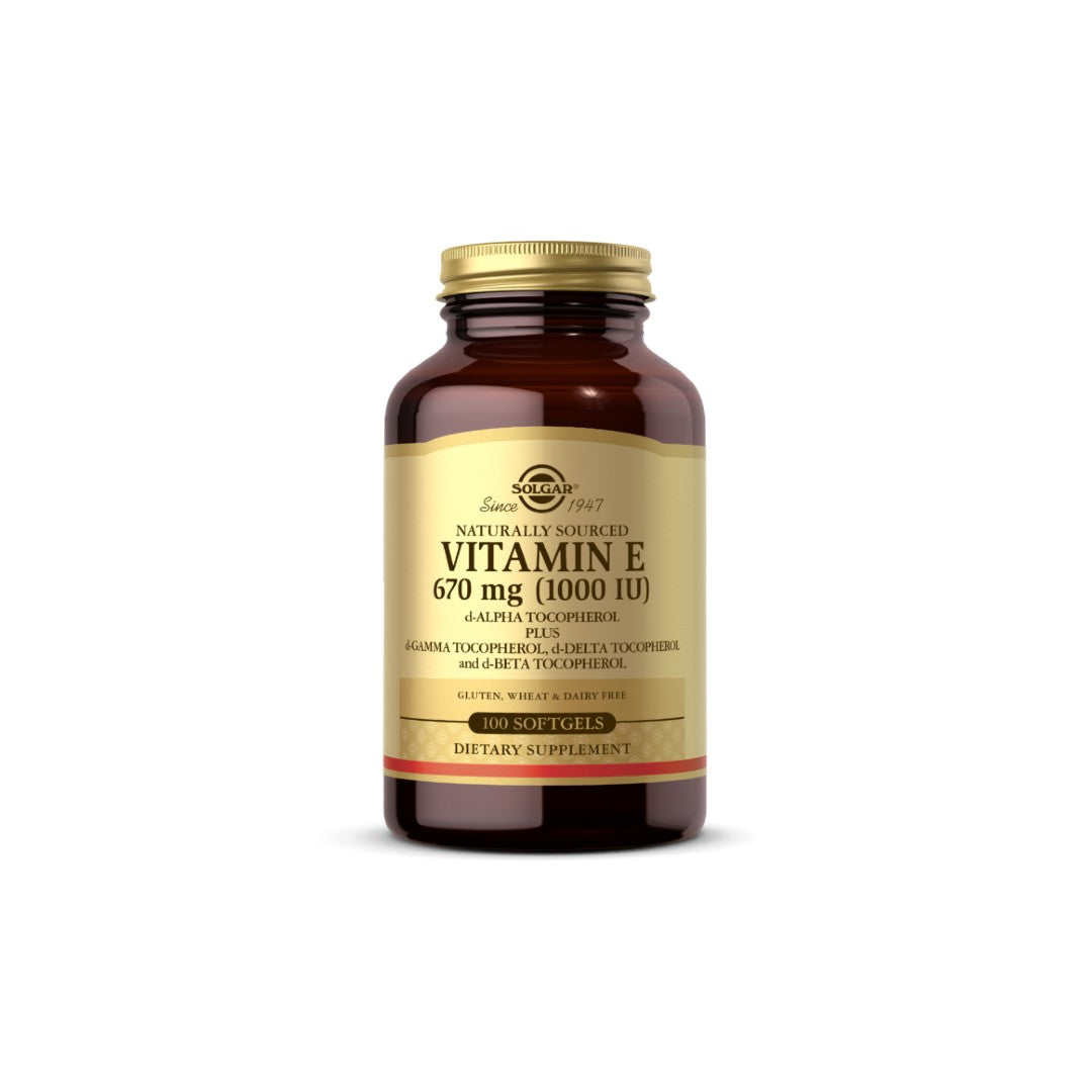 A bottle of Solgar's Vitamin E 670 MG (1000 IU) Mixed 100 Softgels, known for its antioxidant power and cardiovascular protection, is displayed on a clean white background.