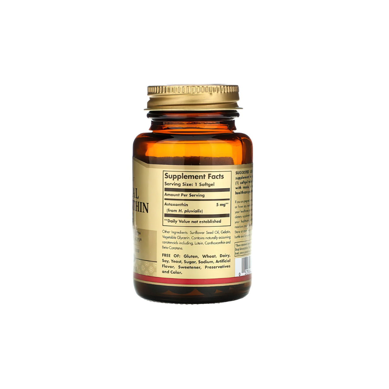 Une bouteille de vitamine C riche en antioxydants, enrichie d'un puissant ingrédient de soin de la peau Solgar Natural Astaxanthi 5 mg 30 softgel, présentée sur un fond blanc impeccable.