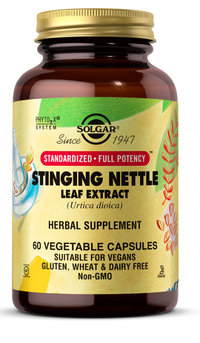 Thumbnail for A bottle of Solgar Stinging Nettle Leaf Extract 60 vegetable capsules, known for its potential benefits in weight loss and metabolism regulation, as well as its potential use in supporting kidney health.