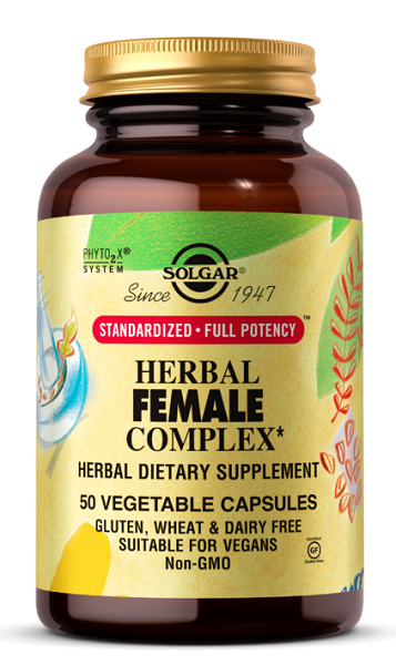 Un flacon de Solgar Herbal Female Complex, contenant 50 gélules végétales.