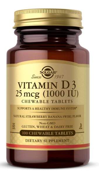 Solgar Vitamine D3 1000 UI 100 comprimés à croquer arôme naturel de fraise et de banane essentiel à la santé du système immunitaire, des os et des dents.
