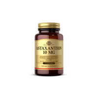 Thumbnail for A bottle of Solgar's Astaxanthin 10 mg supplement, known for its potent antioxidant effects, is labeled as gluten-free and non-GMO, containing 30 softgels to aid in skin hydration.