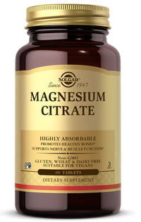 Vignette pour un flacon de Solgar Citrate de magnésium 420 mg 60 comprimés.