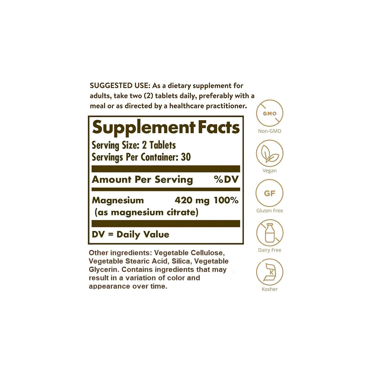 Une étiquette pour le supplément Solgar Magnesium Citrate 420 mg 60 comprimés qui contient des vitamines et des minéraux.