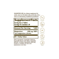 Vignette de l'étiquette du supplément Solgar Magnesium Citrate 420 mg 60 comprimés qui contient des vitamines et des minéraux.