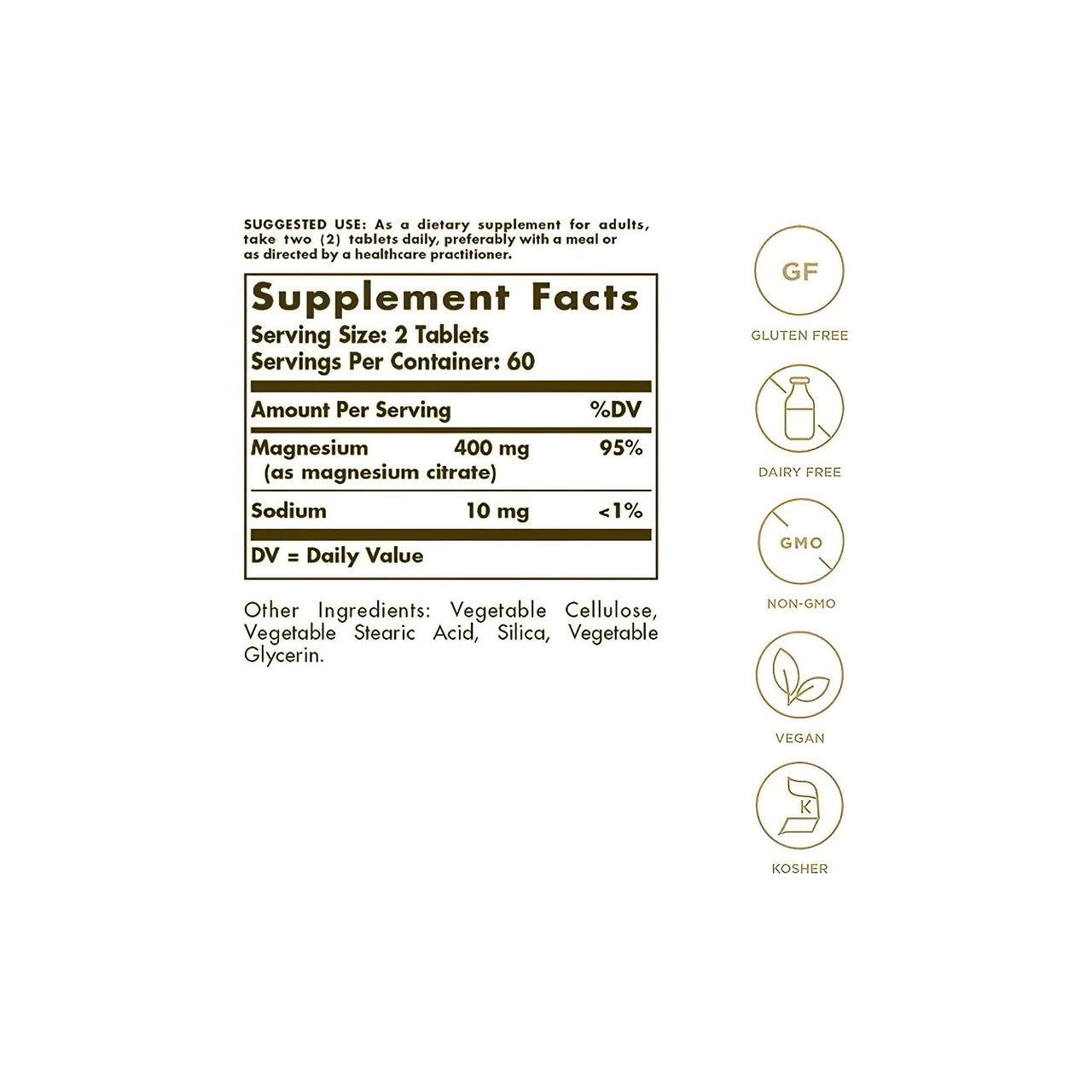 Une étiquette montrant les ingrédients du supplément Citrate de magnésium 200 mg 120 comprimés de Solgar.