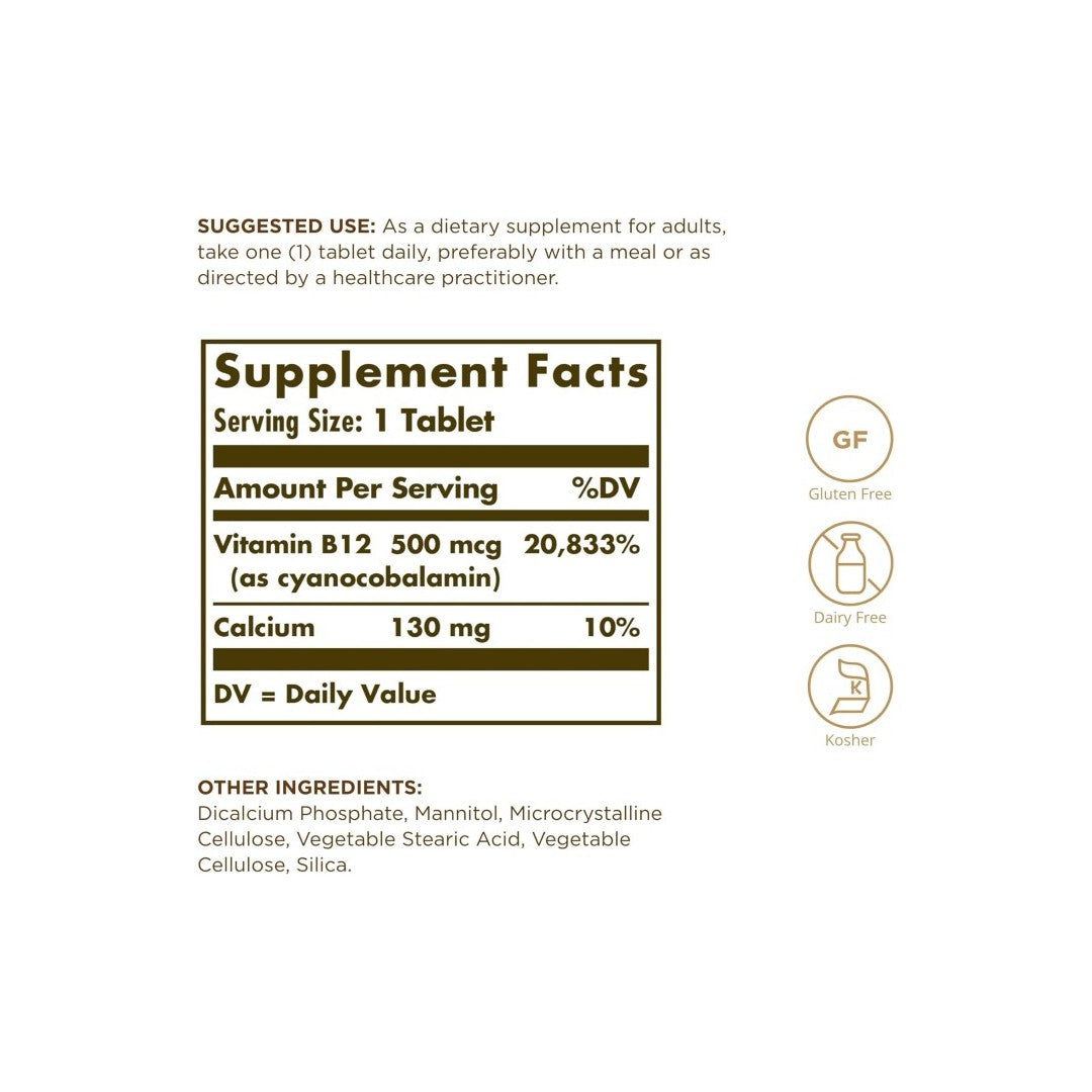 Vitamin B12 500 mcg 100 Tablets - supplement facts