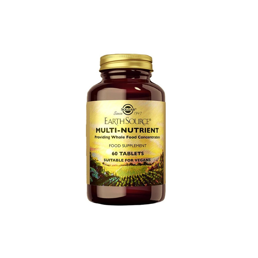 A bottle of Solgar Earth Source Multi Nutrient 60 Tablets supplement with immune system support, labeled as suitable for vegans.
