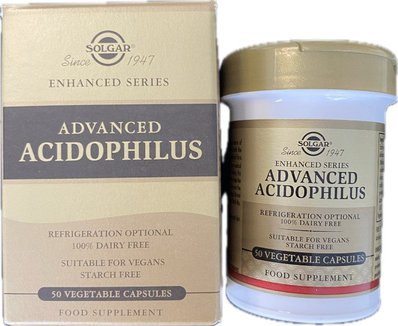A box and a bottle of Solgar Advanced Acidophilus 50 Vegetable Capsules. With probiotic Lactobacillus acidophilus, this product supports intestinal function, is suitable for vegans, dairy-free, starch-free, and refrigeration is optional.