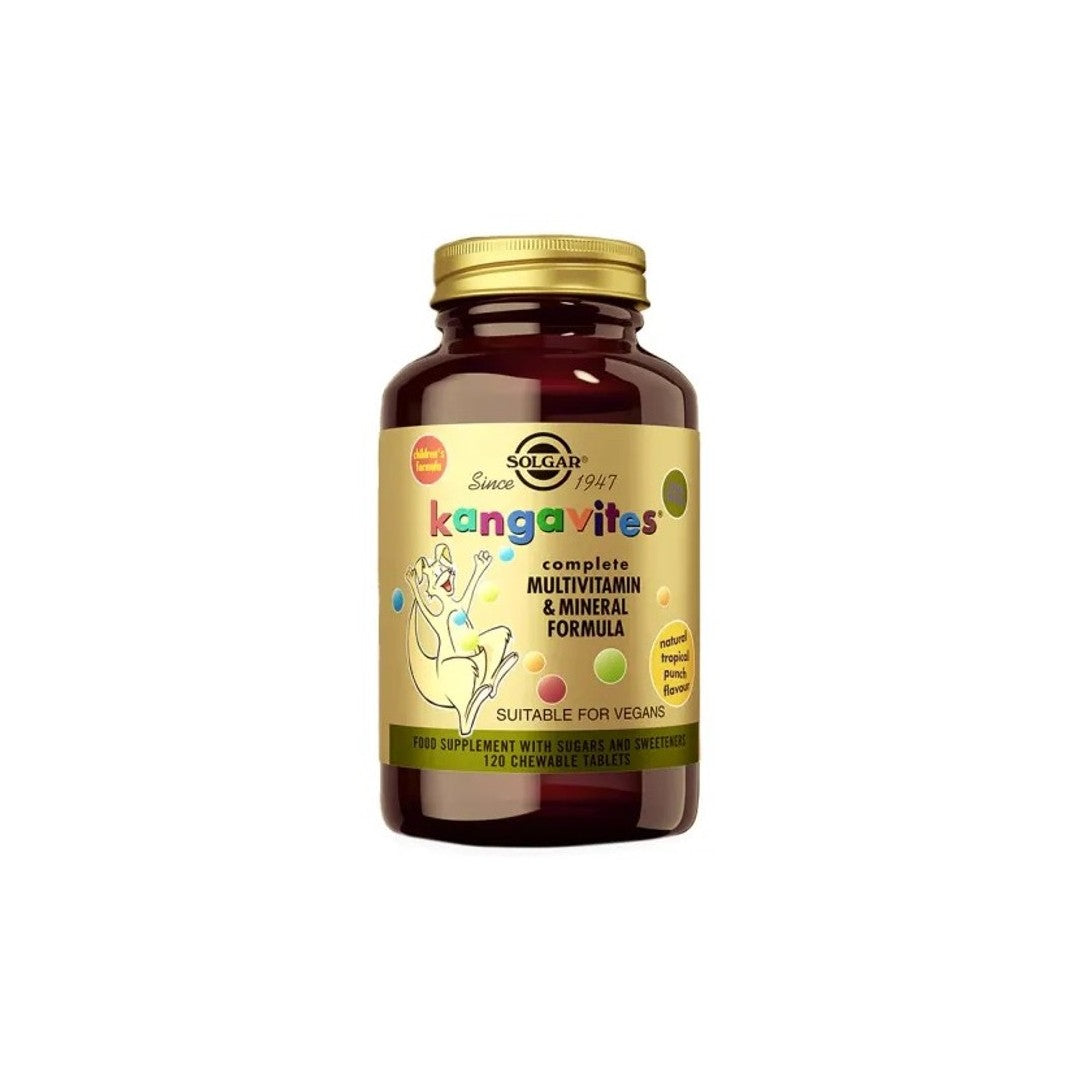 A bottle of Solgar Kangavites Tropical Punch Children's (3+) Multivitamin and Mineral Formula, suitable for vegans, 60 chewable tablets.