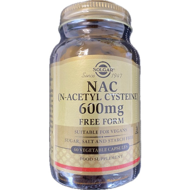 A bottle of Solgar NAC (N-Acetyl-L-Cysteine) 600 mg 60 Vegetable Capsules dietary supplement, known for its antioxidant properties and support for liver health. It contains 60 vegetable capsules and is suitable for vegans, free from sugar, salt, and starch.