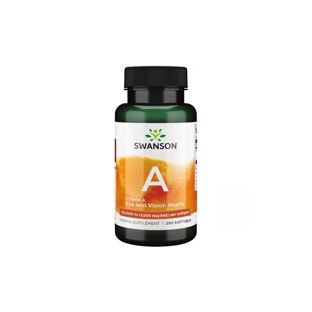 The Swanson Vitamin A 10,000 IU bottle labeled for eye health offers 250 softgels to support vision.