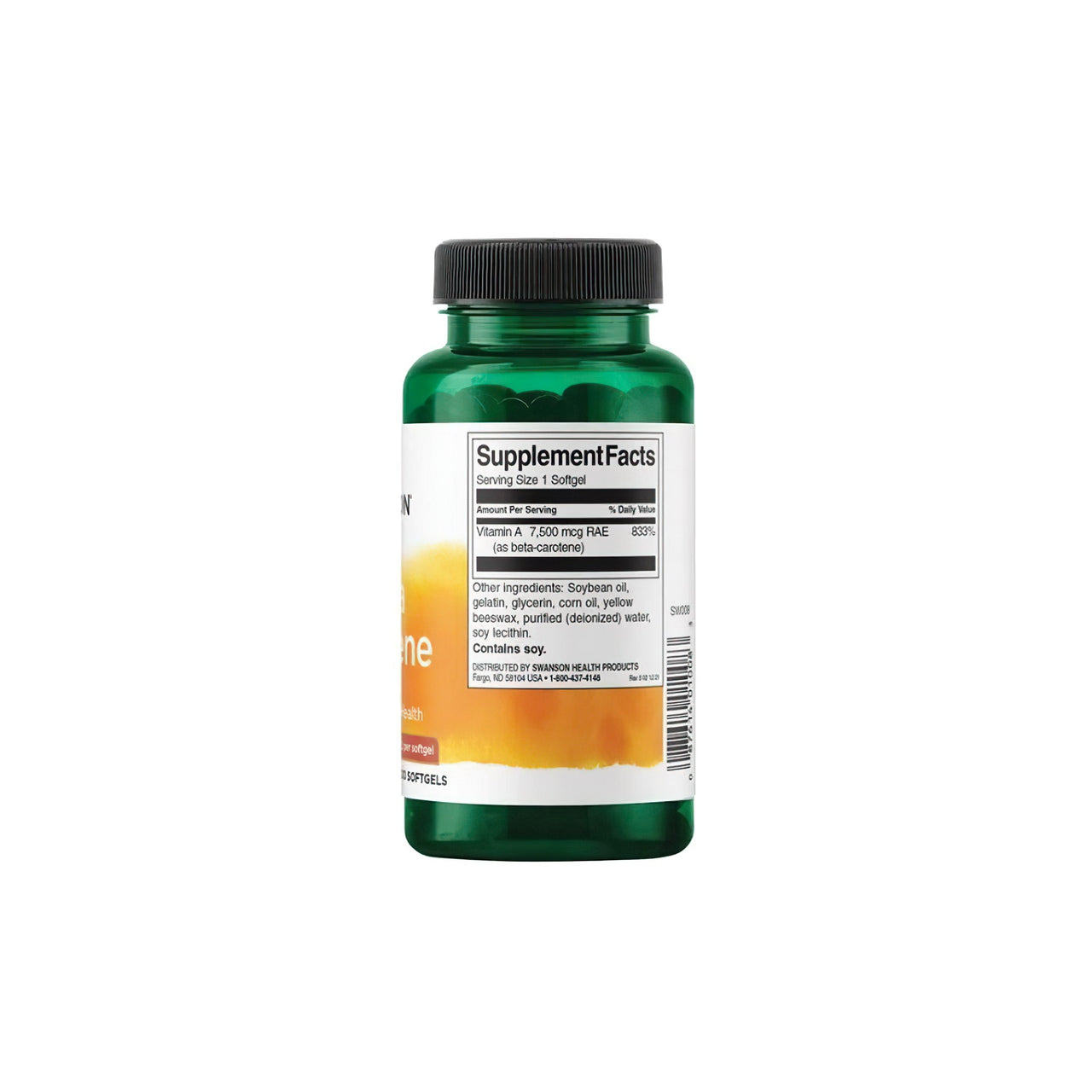 Une bouteille de complément alimentaire de Swanson Beta-Carotene - 25000 IU 300 softgels Vitamin A sur un fond blanc.
