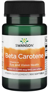 La vignette de Swanson Beta-Carotene est un complément alimentaire qui fournit 10000 UI de vitamine A en 100 gélules.