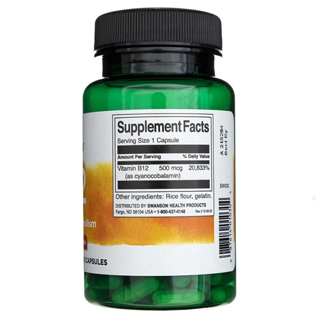 Swanson's Vitamin B12 Cyanocobalamin 500 mcg capsules come in a green bottle. Each capsule contains 500 mcg of B12, supporting energy production. With rice flour and gelatin, these are an ideal addition to a vegan diet. Supplement facts are displayed on the label.