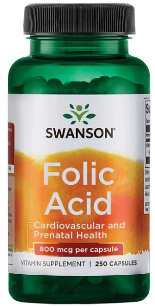 Un flacon de Swanson Acide folique - 800 mcg 250 gélules.