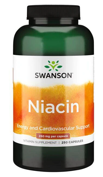 A bottle of Swanson Vitamin B-3 Niacinamide - 250 mg 250 capsules, a vitamin B3 supplement for joint health and carbohydrate metabolism.