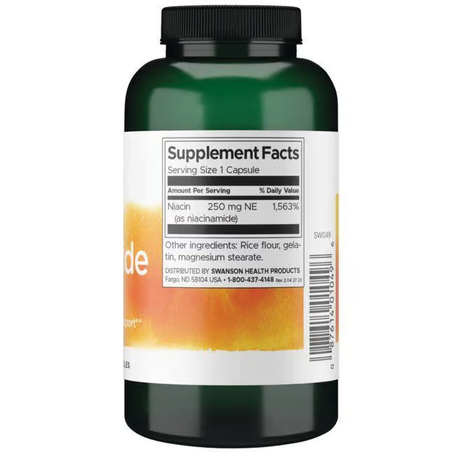 A green bottle of Swanson's Niacinamide (Vitamin B3) 250 mg, containing 250 capsules, clearly displays the supplement facts and ingredients like rice flour, gelatin, and magnesium stearate. It's designed to support your daily wellness.