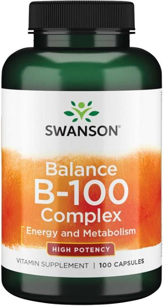 A bottle of Swanson Vitamin B-100 Complex, providing energy metabolism support and B-family vitamins for cardiovascular maintenance.