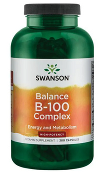 Thumbnail for Swanson Vitamin B-100 Complex - 300 capsules is a potent supplement designed to support nervous system and cardiovascular health while also promoting immune health. This bottle contains the perfect blend of vitamins B1, B2.