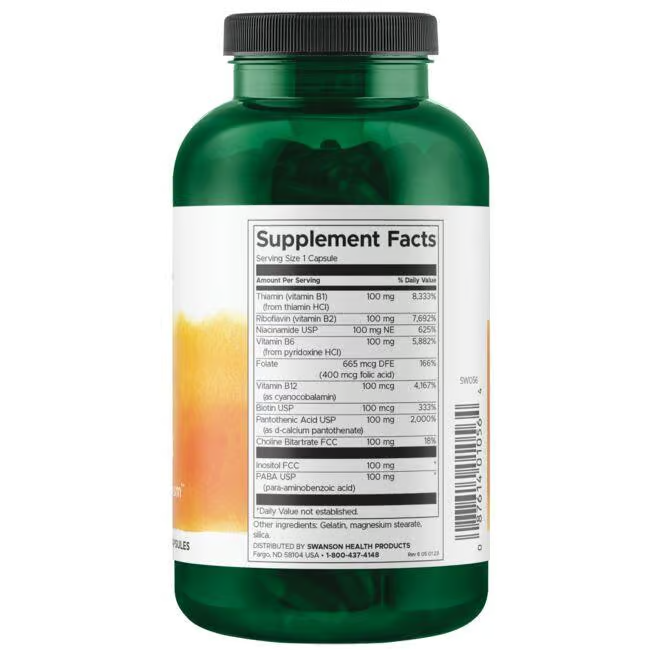 The Balance Vitamin B-100 Complex 300 Capsules by Swanson comes in a green bottle featuring a white label on the back with supplement facts, ingredient details, and manufacturer information. This dietary supplement is enriched with B vitamins and PABA.