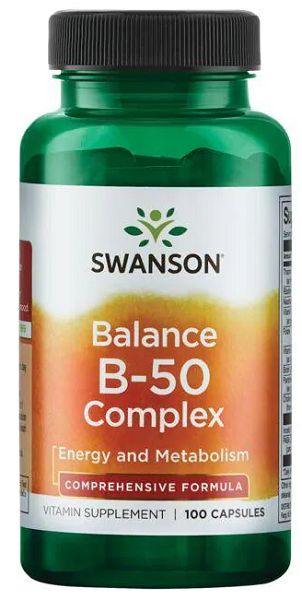 A bottle of Swanson Vitamin B-50 Complex - 100 capsules, promoting nervous system health and cardiovascular health.