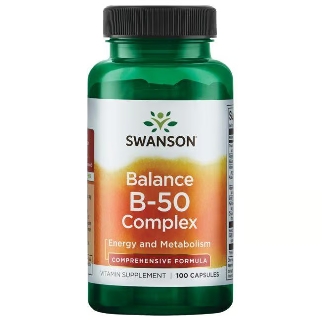 A bottle of Swanson Balance Vitamin B-50 Complex, containing 100 capsules and enriched with B vitamins and Inositol, supports energy and metabolism.