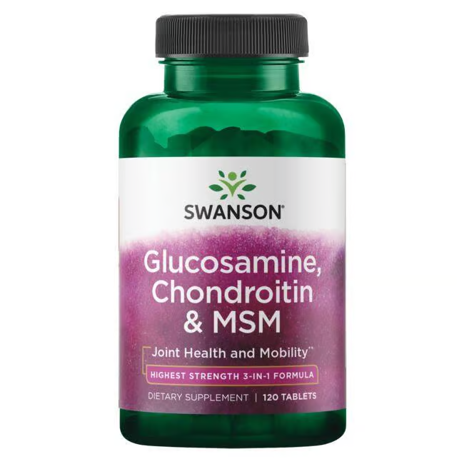 Swanson's Glucosamine, Chondroitin & MSM 120 Tablets offer a top-tier 3-in-1 formula enhancing joint health and mobility with each dietary supplement tablet.