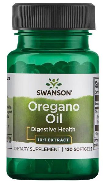 Une bouteille de Swanson Huile d'origan - 150 mg 120 softgel, connue pour ses effets bénéfiques sur le système immunitaire et la santé gastro-intestinale.
