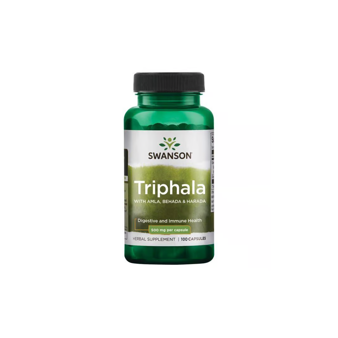 Green bottle of Swanson Triphala with Amla, Behada, and Harada features 100 capsules, expertly crafted from time-honored Ayurvedic medicine to promote digestive and immune health.