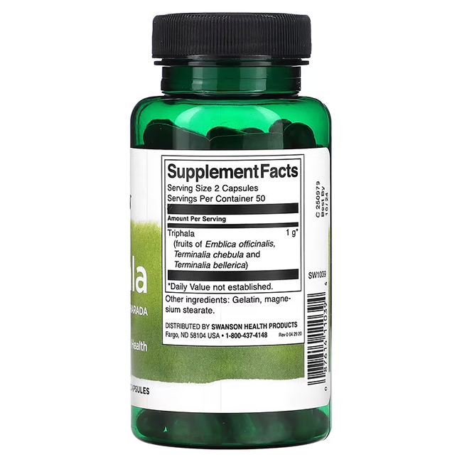 A Swanson product, Triphala with Amla, Behada, and Harada 100 Capsules, features a green bottle highlighting its key Ayurvedic ingredients—Emblica officinalis, Terminalia chebula, and Terminalia bellerica—renowned for supporting digestive health.