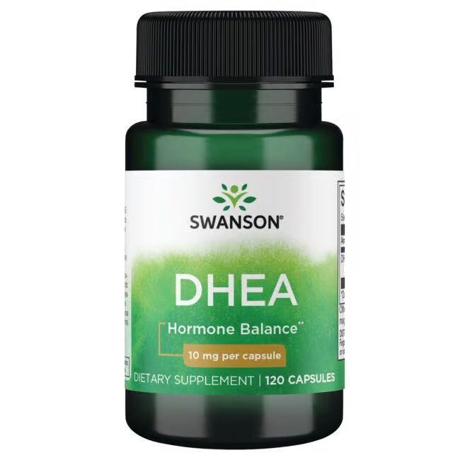 Swanson's green bottle of DHEA - 10 mg, labeled "Hormone Balance," offers anti-aging benefits as a testosterone precursor with "Dietary Supplement | 120 Capsules" on the front.