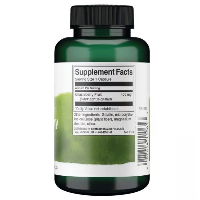 Swanson's Chasteberry fruit 400 mg, 120 capsules in a green bottle, supports women's health with ingredients for menstrual cycle regulation and a supplement facts panel detailing the dosage.